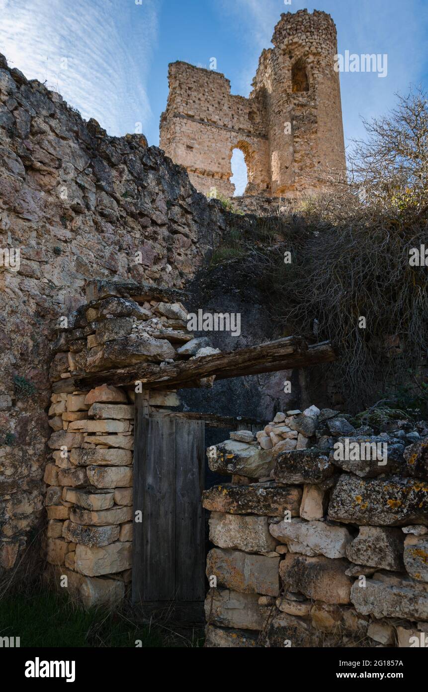 View from below of the ruins of the castle of Pelegrina, Guadalajara, Spain Stock Photo
