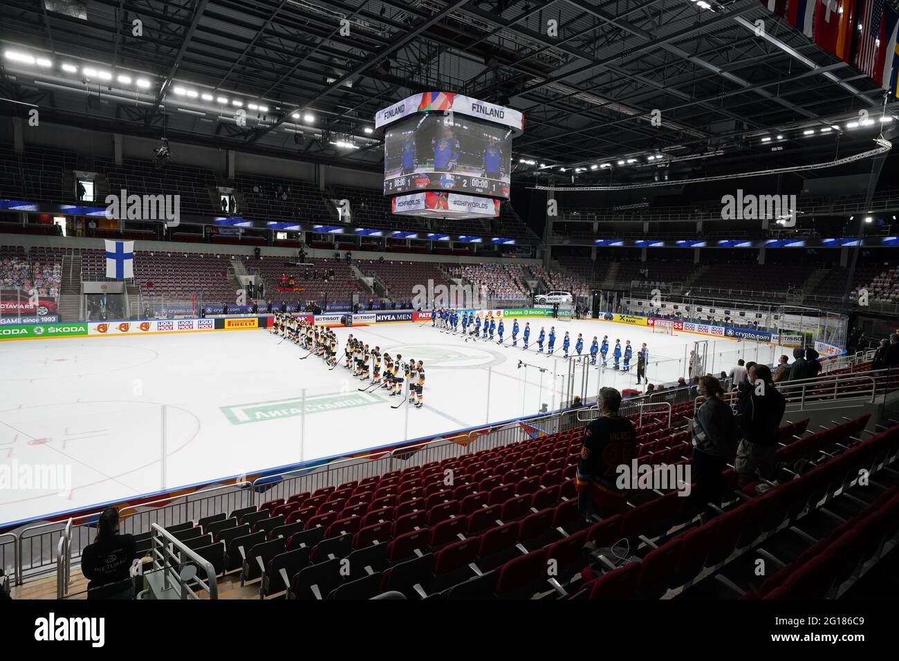 Riga, Latvia. 05th June, 2021. Ice hockey: World Championship, semi-final, Finland - Germany: The German (l) and Finnish teams stand on the ice after the end of the game. Germany's ice hockey team missed the World Championship final in Riga. Credit: Roman Koksarov/dpa/Alamy Live News Stock Photo