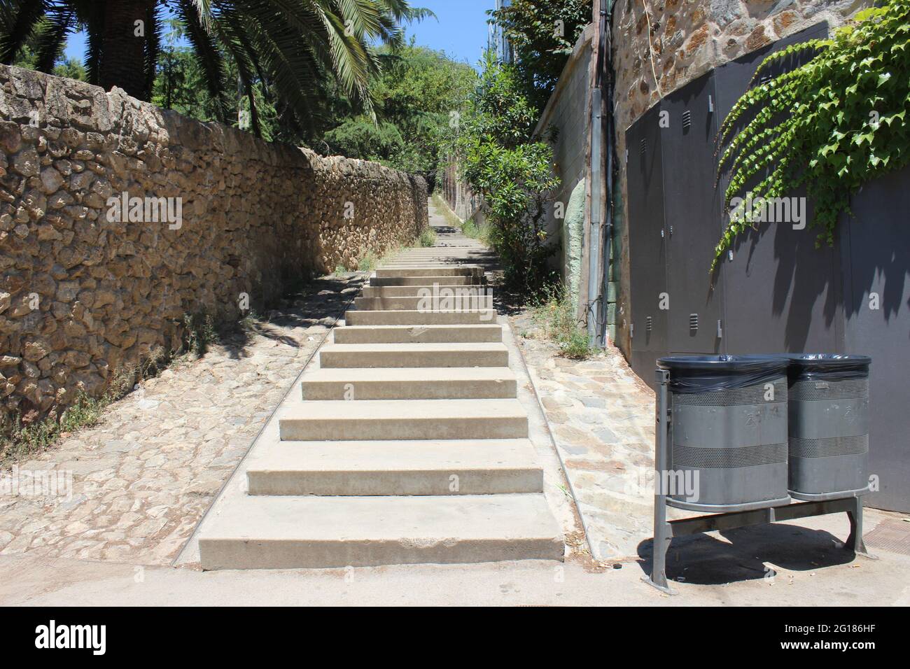 Park Güell stairs in Barcelona, Spain. Let's go! Stock Photo