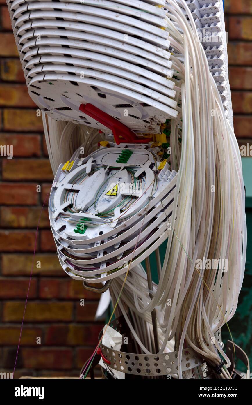 Fibre optic junction box with data cables for broadband, TV, telephone Stock Photo