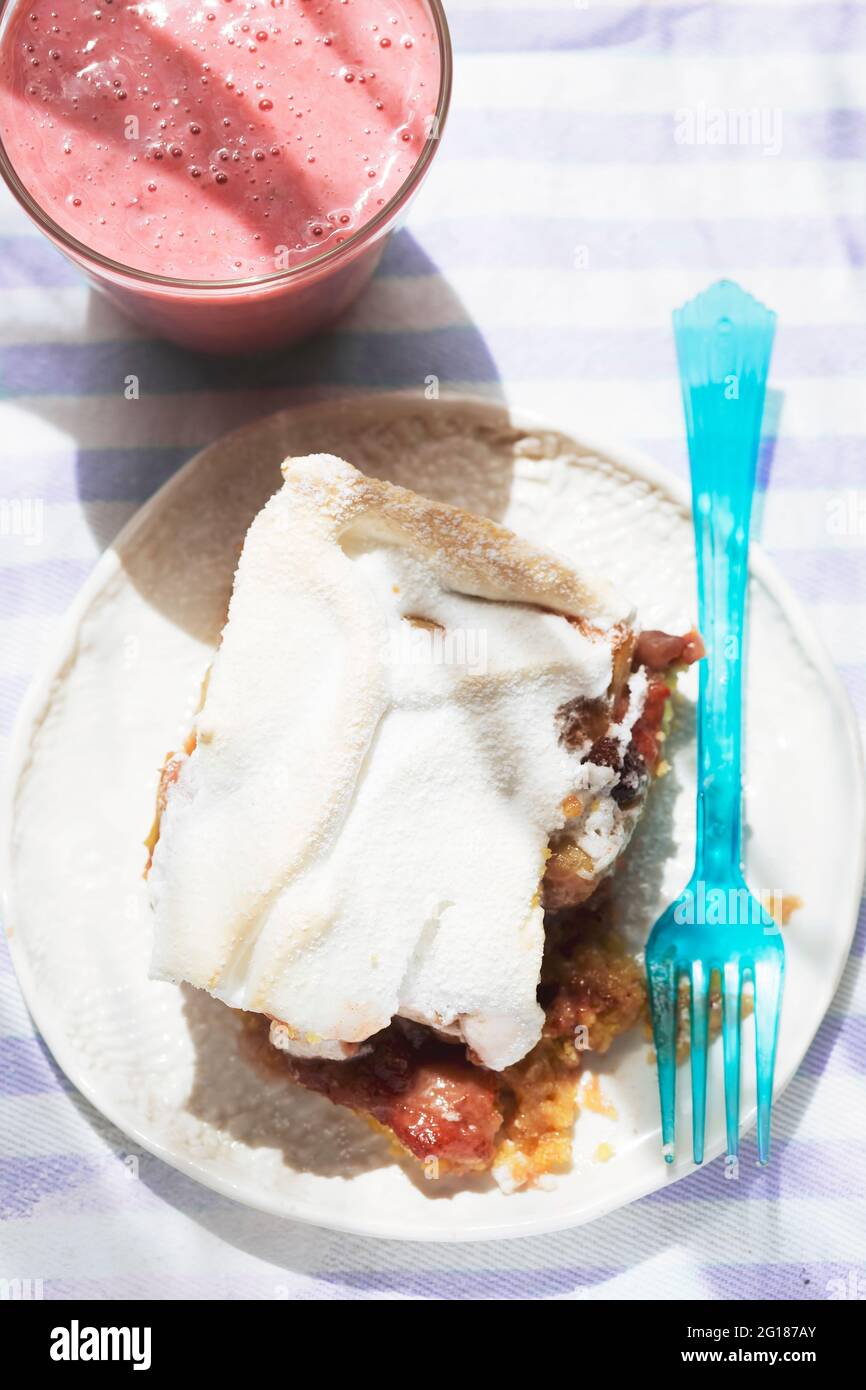 Rhubarb shortcrust cake with meringue on top Stock Photo