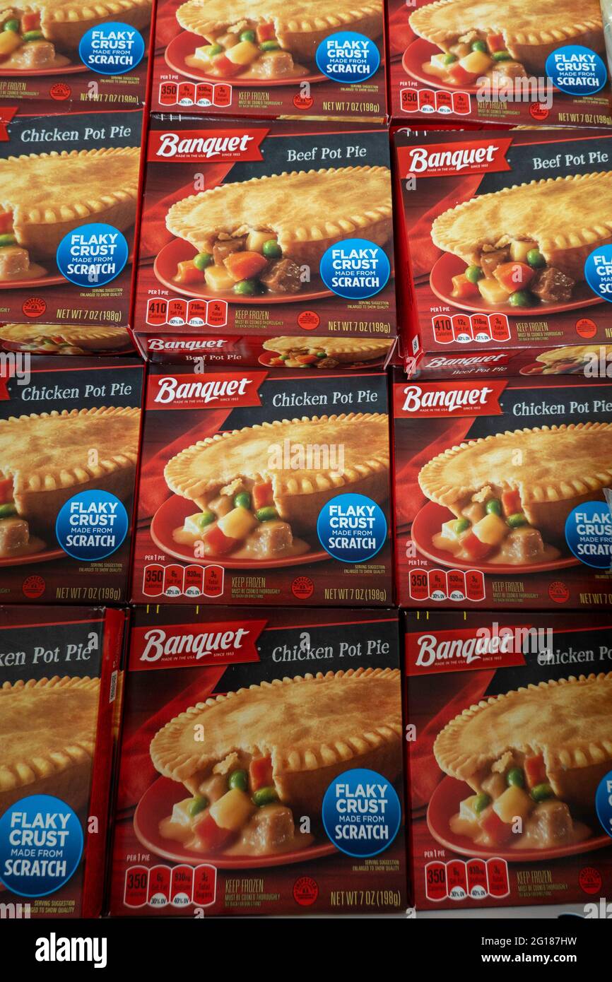 Freezer Aisle, Banquet Chicken Pot Pies, Grocery Store Display Case, USA Stock Photo