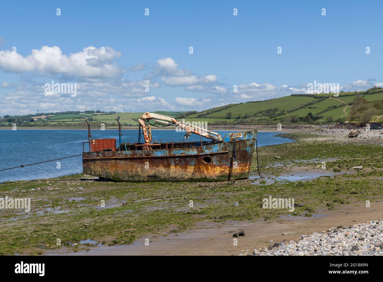 Rhe abandoned Vicky Leigh Trawler at Ferryside on the River Tywi estuary Stock Photo