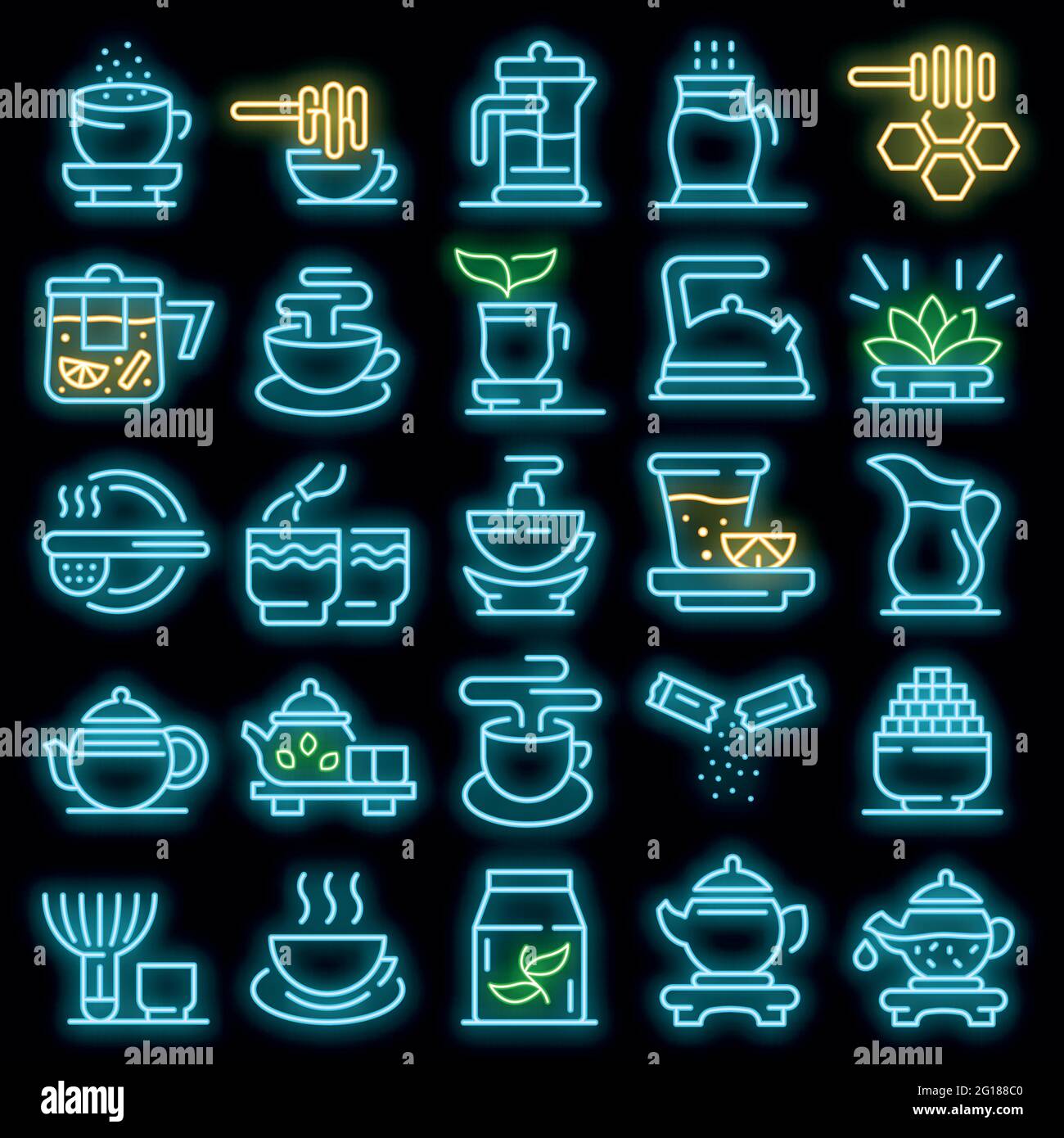 Tea ceremony icons set. Outline set of tea ceremony vector icons neon ...