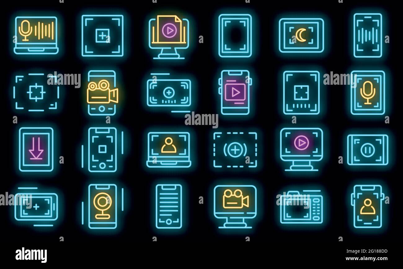 Screen recording icons set. Outline set of screen recording vector icons neon color on black Stock Vector