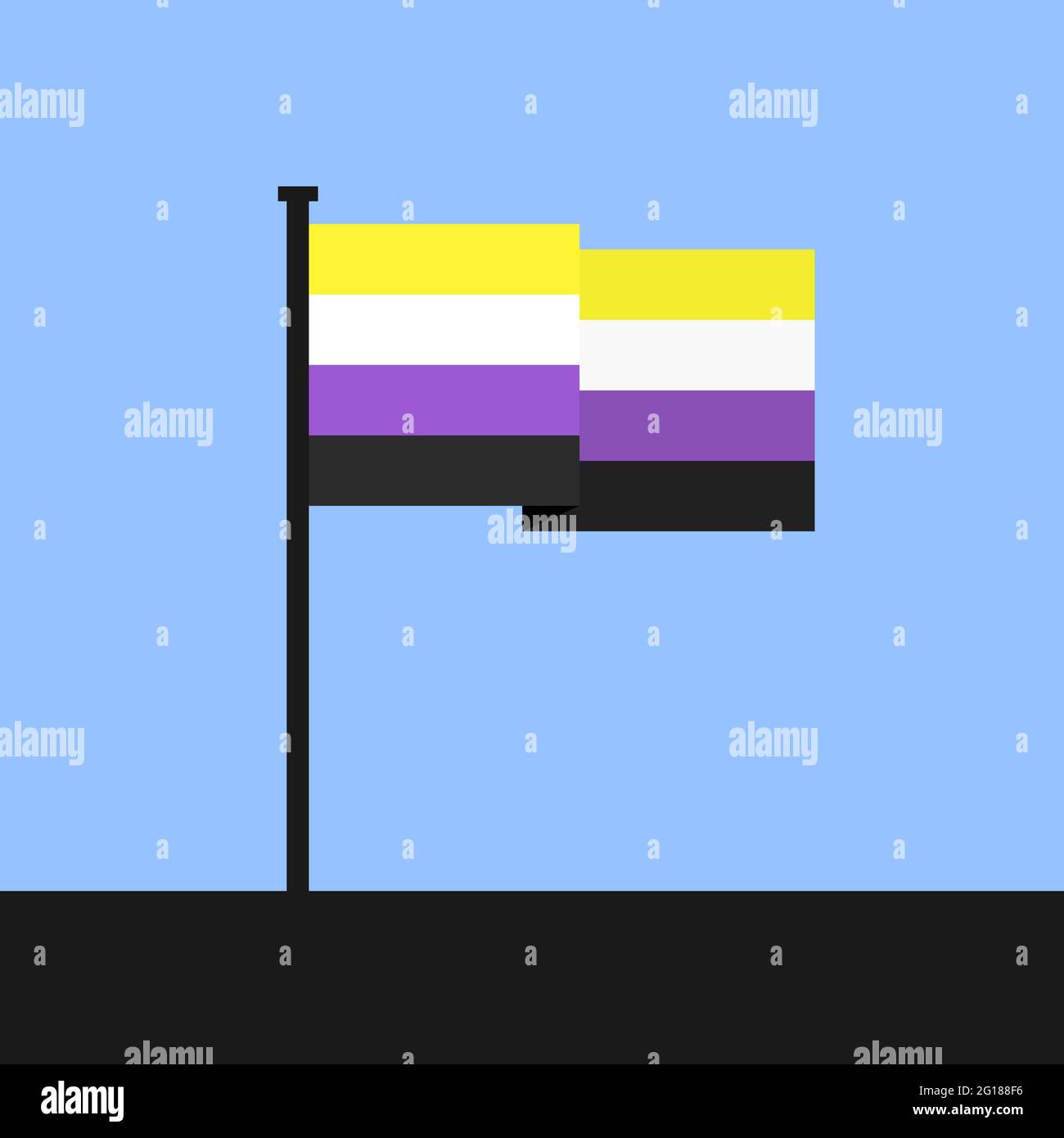 Flag of non-binary and nonbinary sex and gender with no binary sexual identity. Vector illustration of flagpole and flagpost with wavy flag. Stock Photo