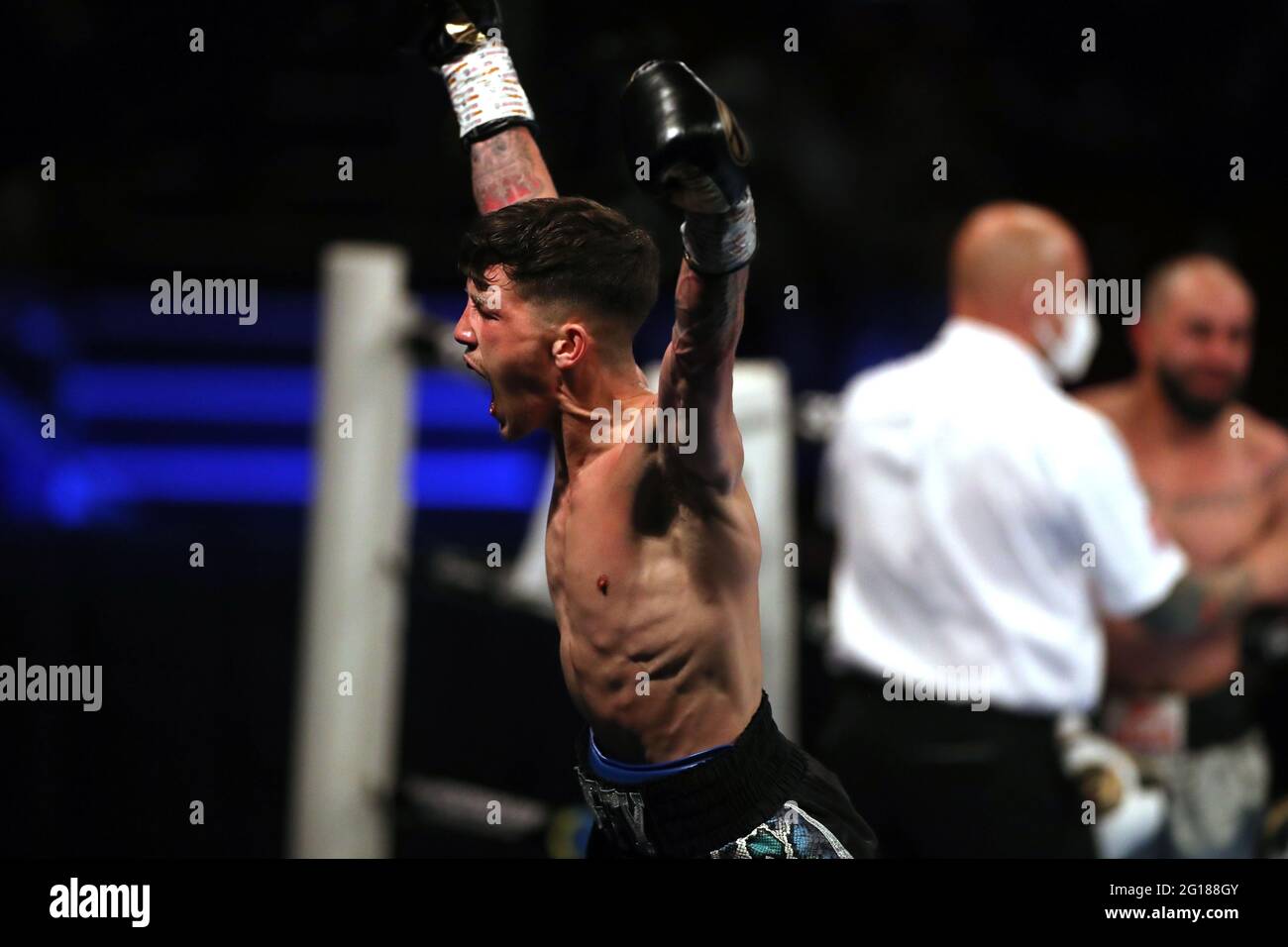 Liam Davies celebrates victory in the Bantamweight contest during the Boxing event at the Telford International Centre, Telford. Picture date: Saturday June 5, 2021. Stock Photo