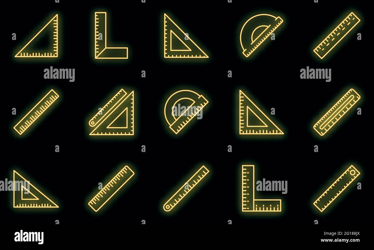 Ruler icons set. Outline set of ruler vector icons neon color on black ...