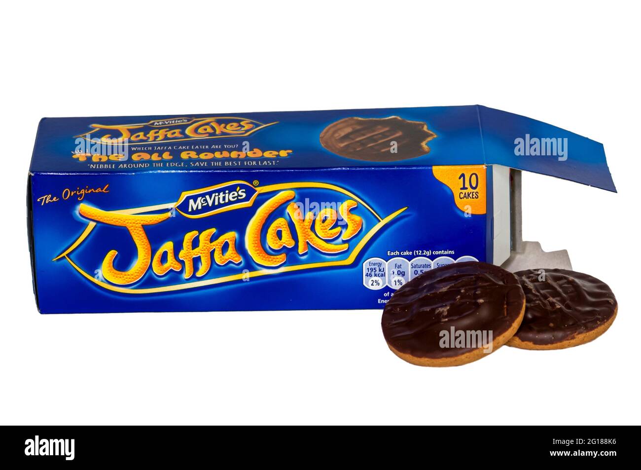 An opened box of McVities Jaffa Cakes with two Jaffa Cakes next to the box. Stock Photo