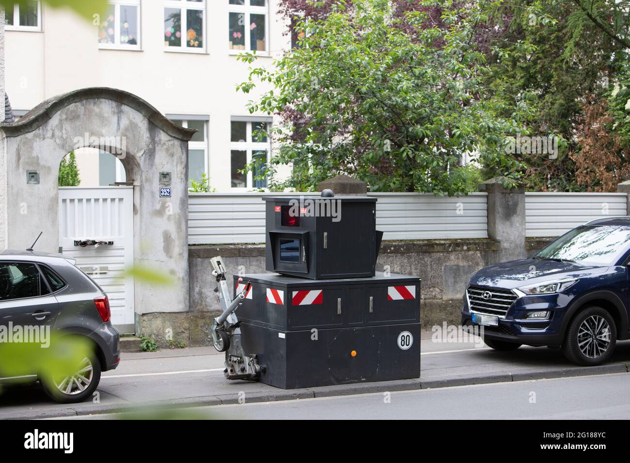 Cologne, NRW, Germany, 06 05 2021, radar speed trap with car in motion
