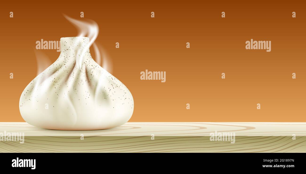 Hot Khinkali with steam, placed on the wooden table. Georgian dumpling vector banner with copy space. Stock Vector