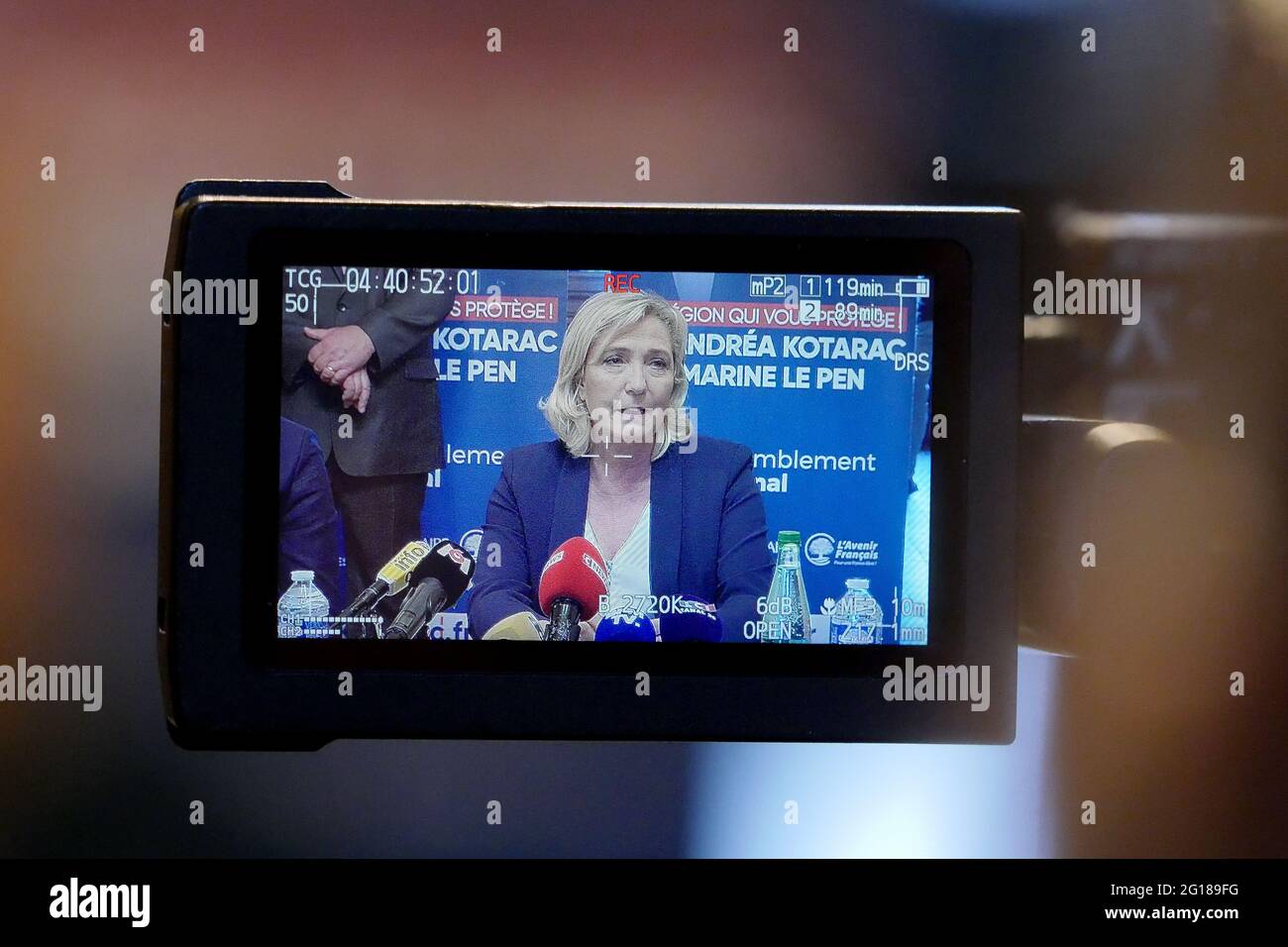 Marine Le Pen, President of RN (Rassemblement National), attends press conference, Saint-Chamond, Loire, AURA region, France, June 3 2021 Stock Photo