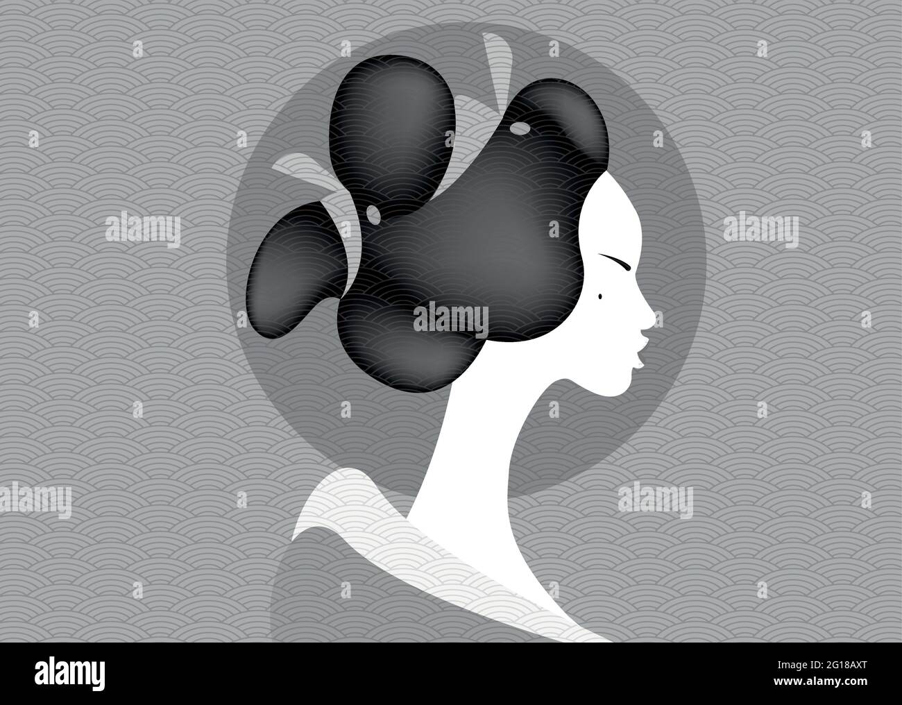 Vintage portrait young Japanese woman ancient hairstyle. Geisha, maiko, princess. Traditional Asian Girl style. Print, poster, t-shirt, card. Vector o Stock Vector