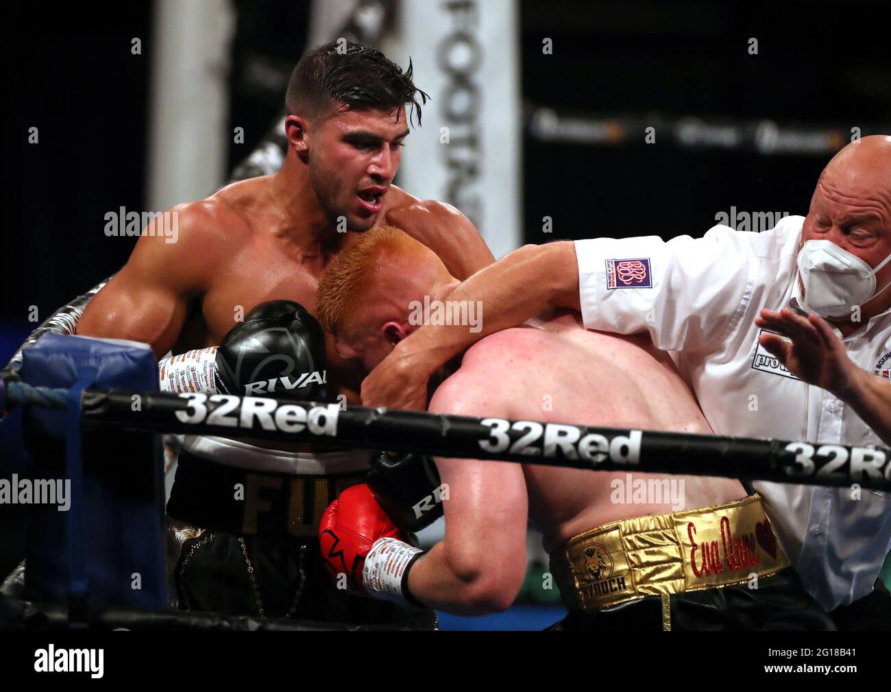 Tommy Fury (left) and Jordan Grant in the Light-Heavyweight contest during the Boxing event at the Telford International Centre, Telford. Picture date: Saturday June 5, 2021. Stock Photo