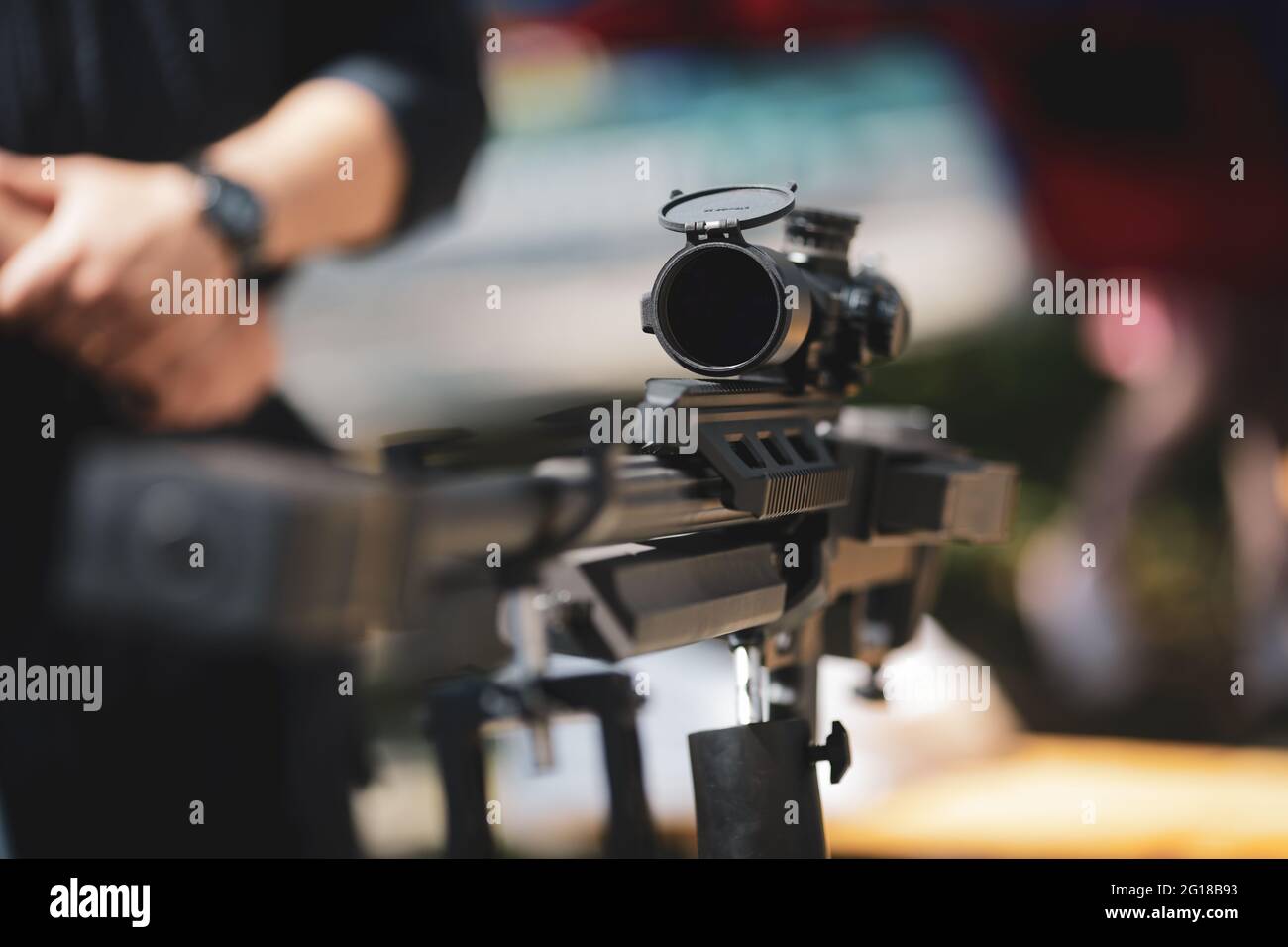 Bucharest, Romania - June 5, 2021: Shallow depth of field (selective focus) image with a .50 caliber sniper rifle. Stock Photo
