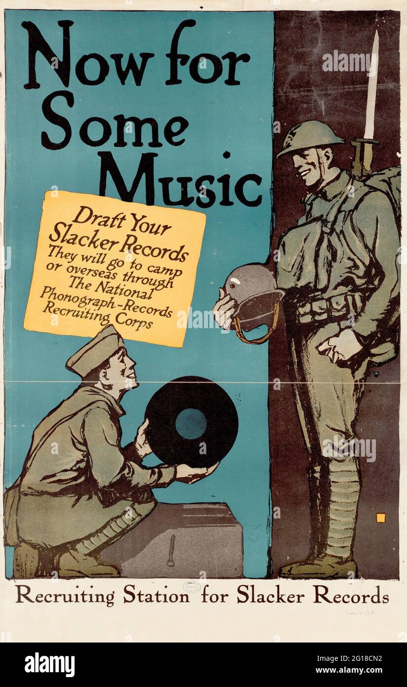 An old WW2 poster asking for people to give old records for the soldiers Stock Photo