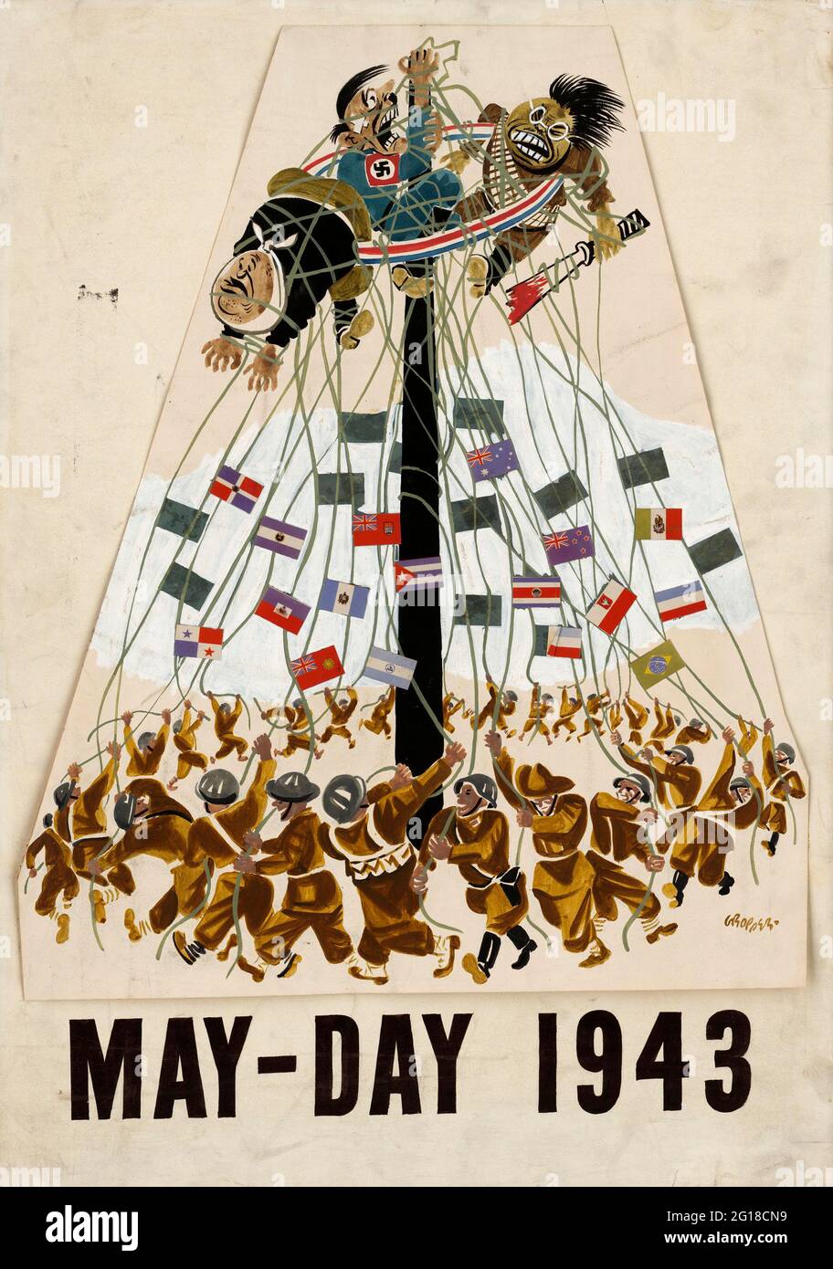 An old WW2 propaganda poster for MayDay 1943, with Allied soldiers dancing around the maypole with Hitler caught in the strings Stock Photo