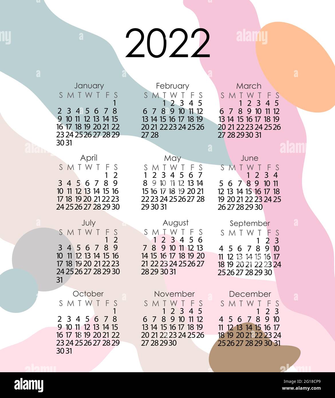 Calendar template for the year 2022 in simple minimalist style, abstract colorful background loose formless shapes, week starts on Sunday, vector printable page Stock Vector
