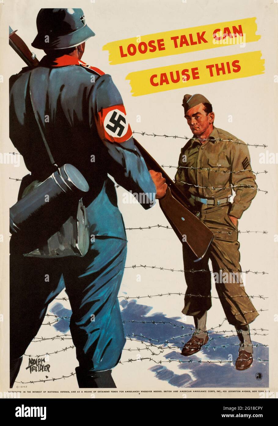 A vintage WW2 Allied poster raising awareness of careless talk costs lives, showing an Allied soldier behind barbed wire Stock Photo
