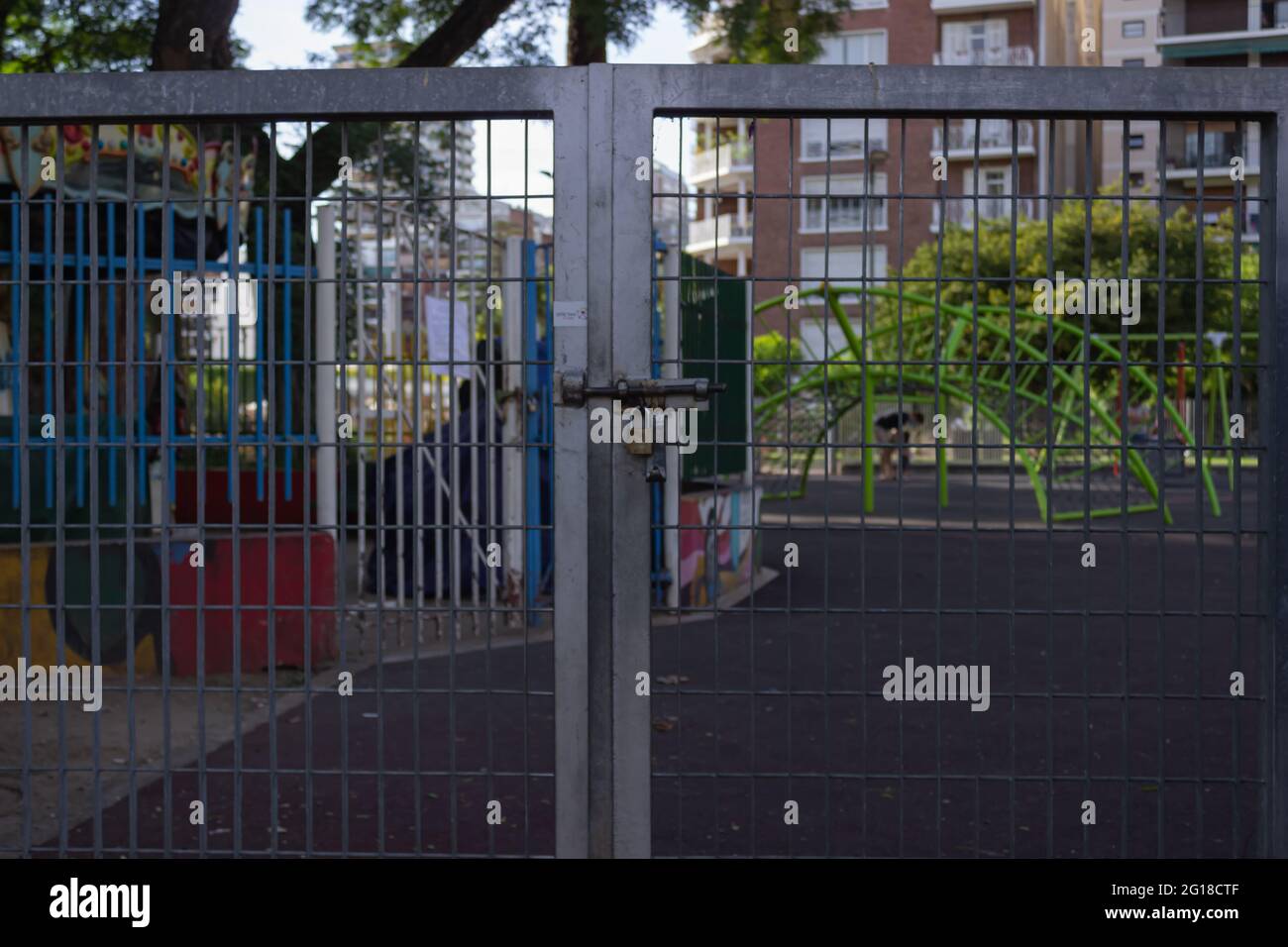 Playground closed with a padlock. Stock Photo