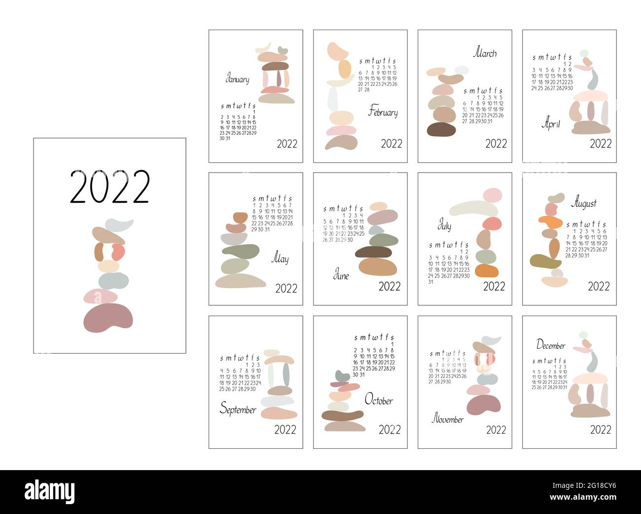 Calendar Template Year 2022 Zen Stones Abstract Vector Boho Illustration In Simple Minimalist Style Relax Meditation Yoga Concept Week Starts On Sunday Vector Printable Page Stock Vector Image Art Alamy
