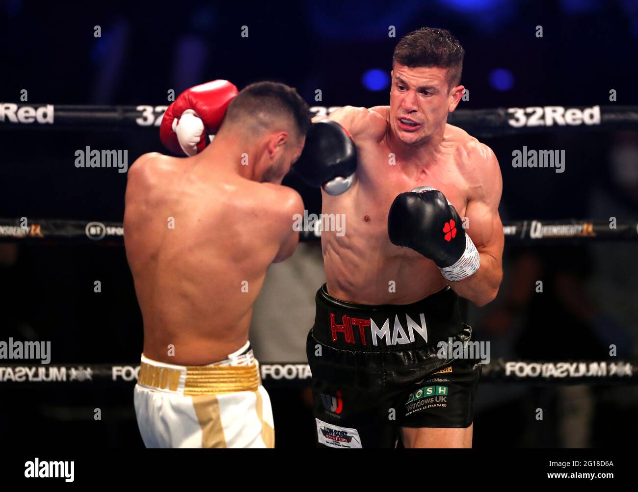 Iliyan Markov (left) and Nathan Heaney in the International Middleweight Contest during the Boxing event at the Telford International Centre, Telford. Picture date: Saturday June 5, 2021. Stock Photo