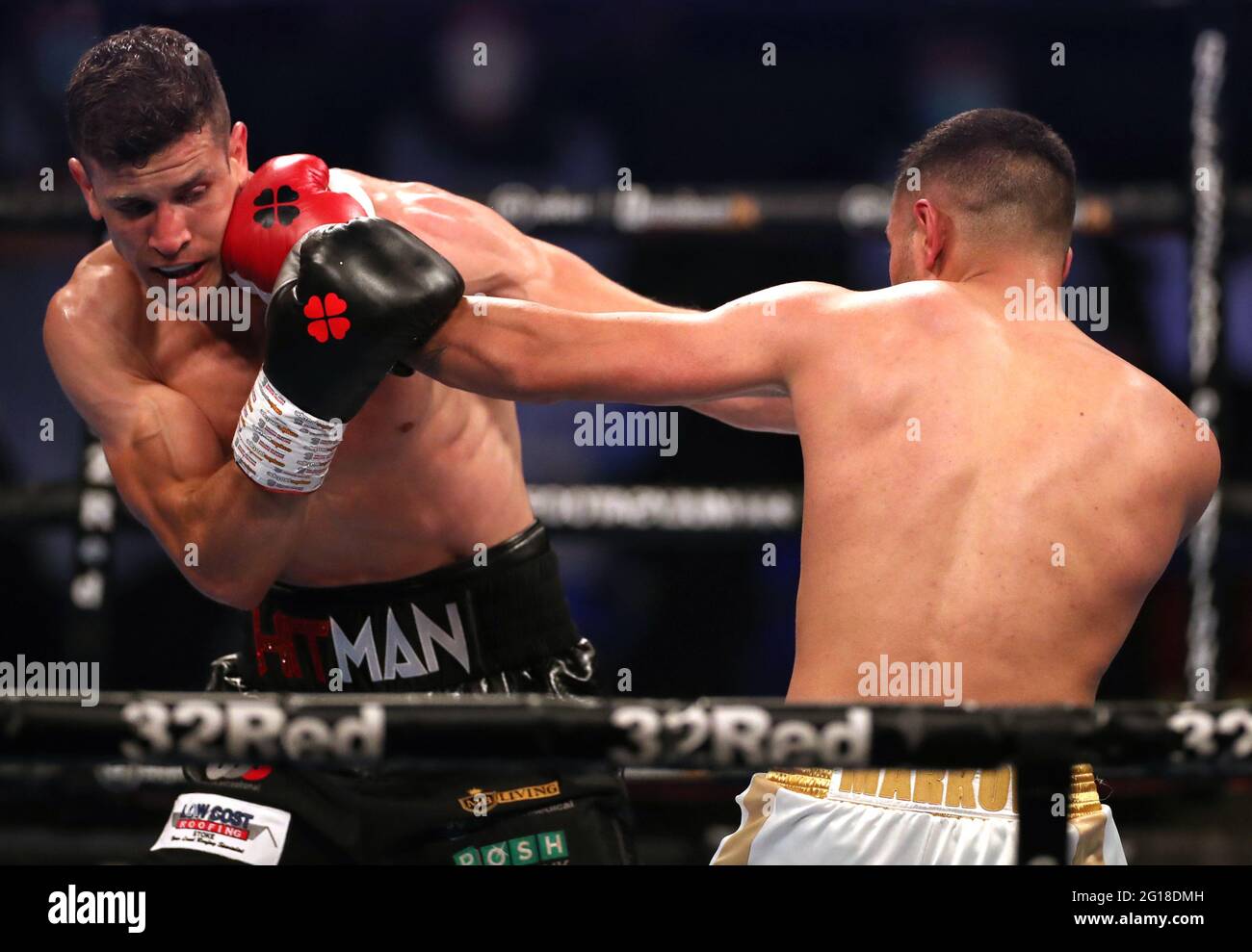 Nathan Heaney (left) and Iliyan Markov in the International Middleweight Contest during the Boxing event at the Telford International Centre, Telford. Picture date: Saturday June 5, 2021. Stock Photo