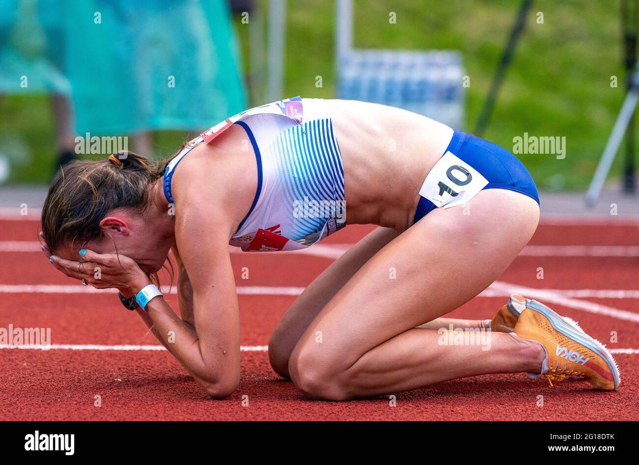 5th June 2021; Birmingham University Athletics Track, Birmingham, Midlands, England; European 10000 Metre Finals, British Olympic Trials 10000 Metre; Jess Judd in tears after her run Stock Photo