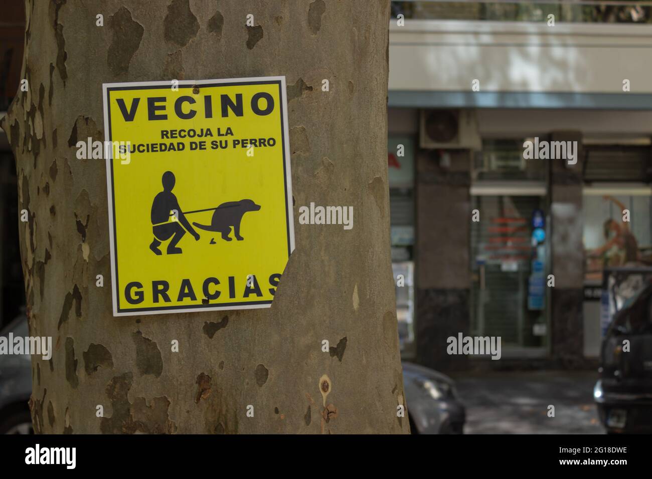 Sign indicating in spanish: Neighbour, collect dirt from your dog. Thank you. Stock Photo