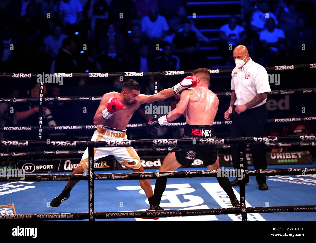 Iliyan Markov (left) and Nathan Heaney in the International Middleweight Contest during the Boxing event at the Telford International Centre, Telford. Picture date: Saturday June 5, 2021. Stock Photo