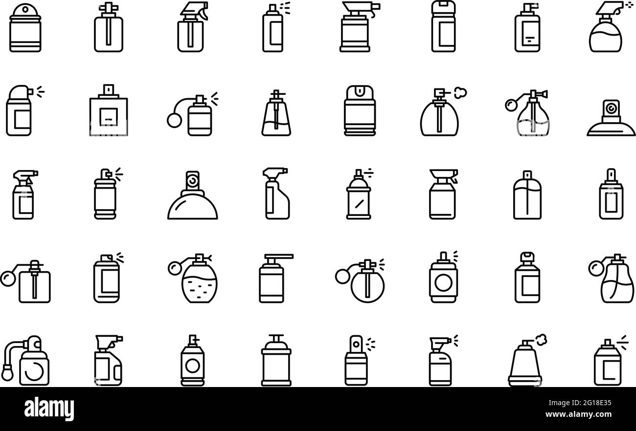 Spray bottle icons set. Outline set of spray bottle vector icons for ...