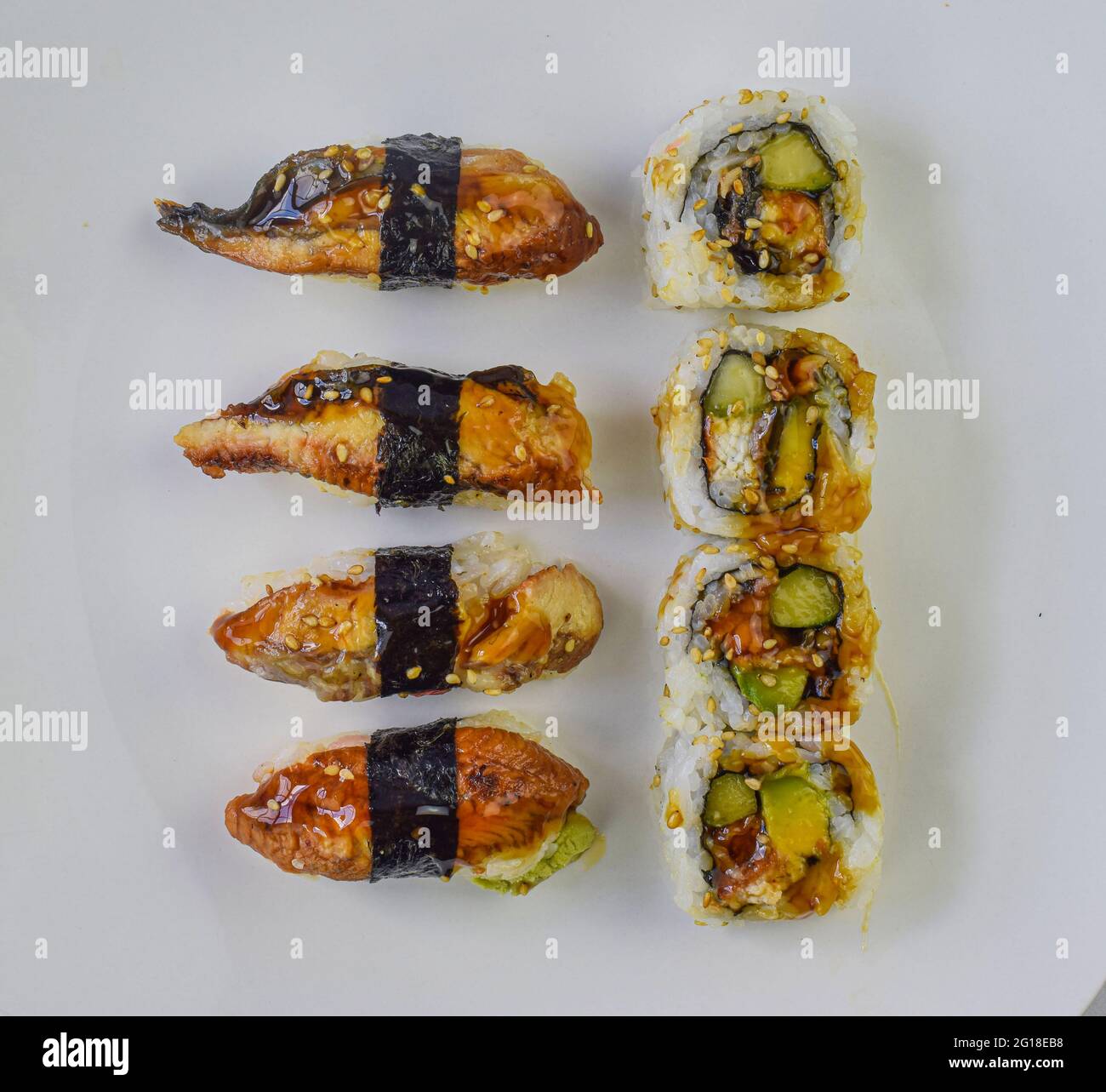 eel nigiri  roll combo  arranged on a plate Stock Photo