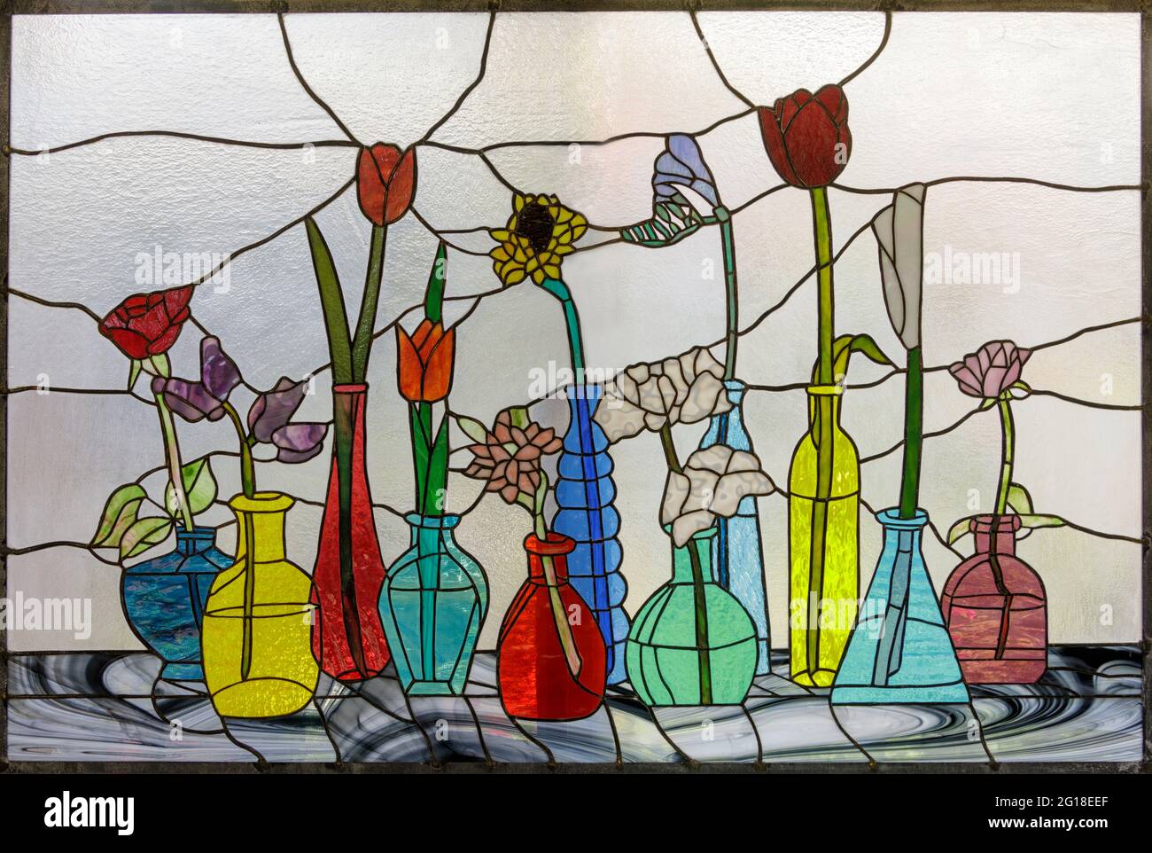 Stained Glass Window Panel of Flowers in Vases Stock Photo