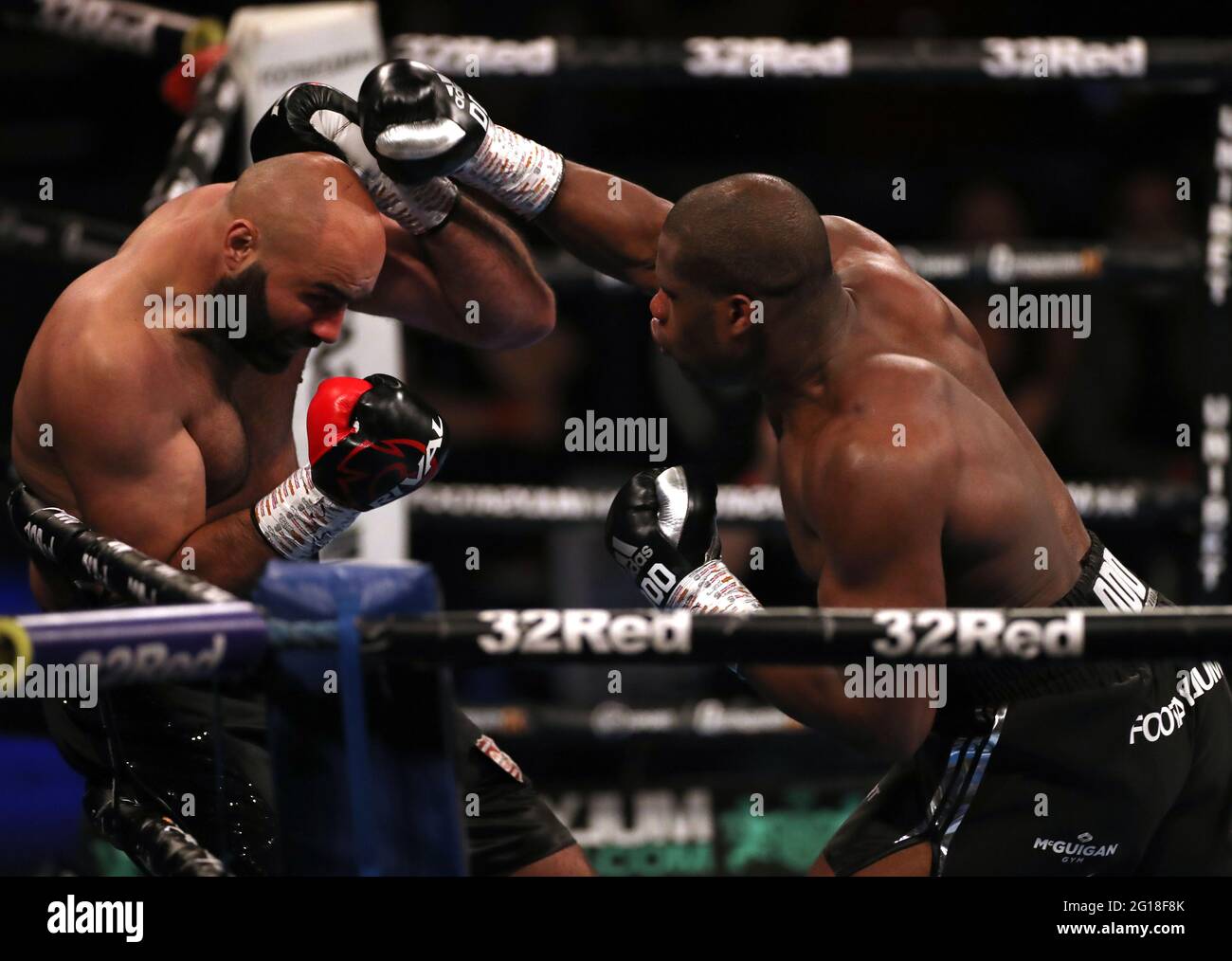 Bogdan Dinu (left) and Daniel Dubois in the WBA Interim Heavyweight Championship during the Boxing event at the Telford International Centre, Telford. Picture date: Saturday June 5, 2021. Stock Photo