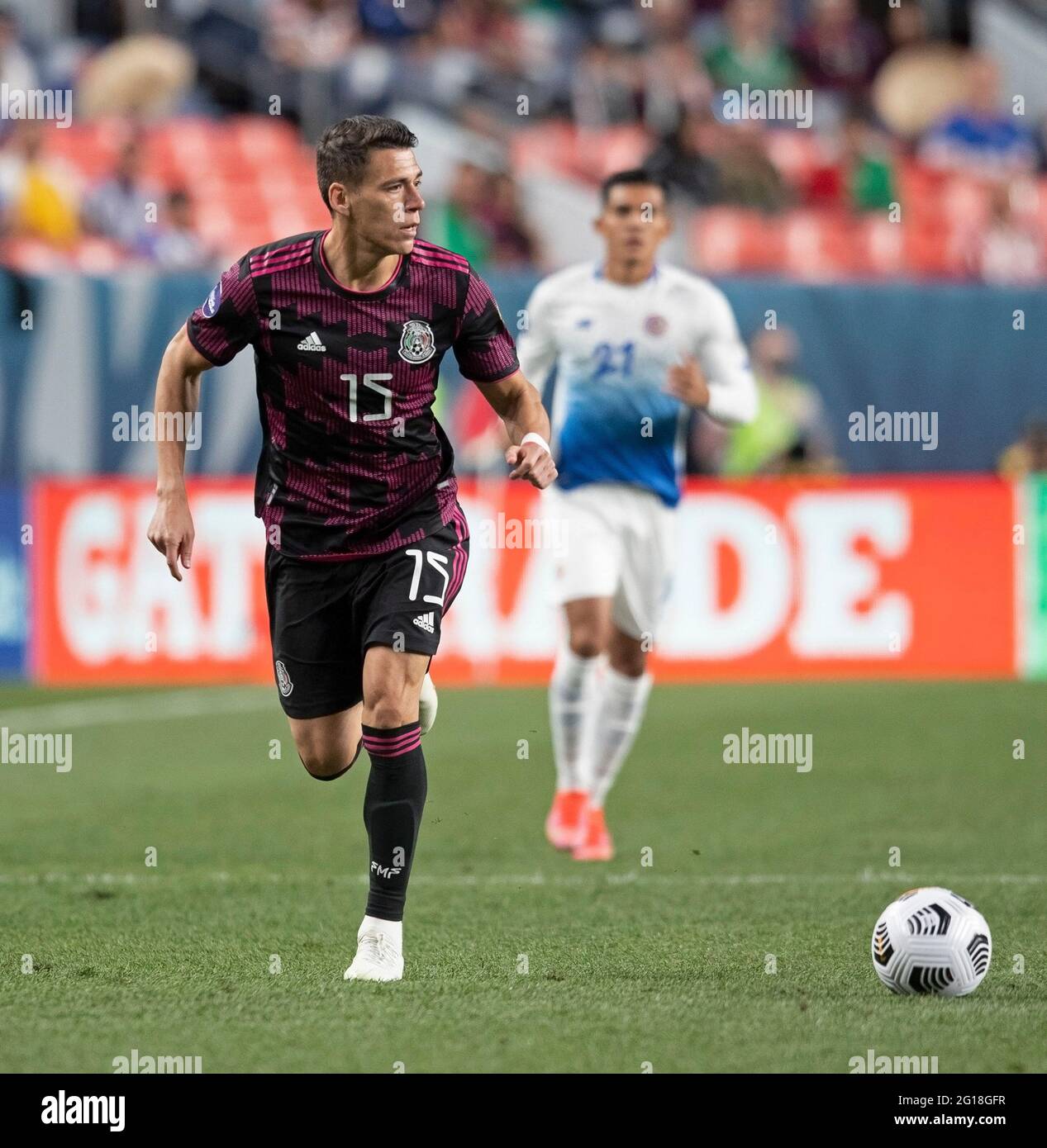 Denver, Colorado, USA. 3rd June, 2021. Mexico D HECTOR MORENO readies to receive a pass during the 1st. Half. Mexico beats Costa Rica 1-0 in Penalty Kicks Wed. Night at Empower Field at Mile High. Credit: Hector Acevedo/ZUMA Wire/Alamy Live News Stock Photo