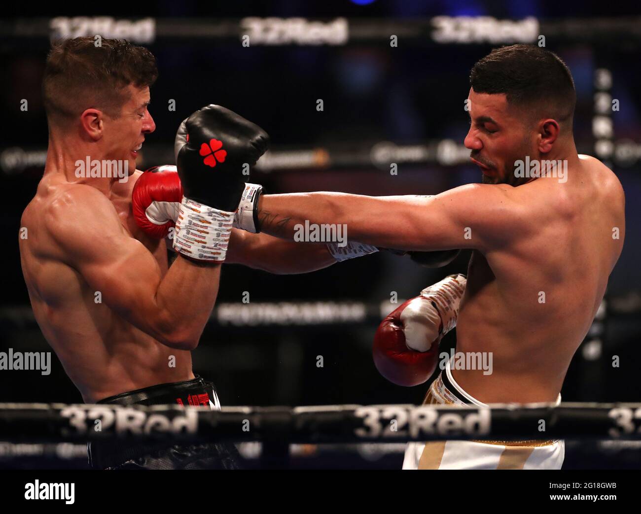 Nathan Heaney and Iliyan Markov in the International Middleweight Contest during the Boxing event at the Telford International Centre, Telford. Picture date: Saturday June 5, 2021. Stock Photo
