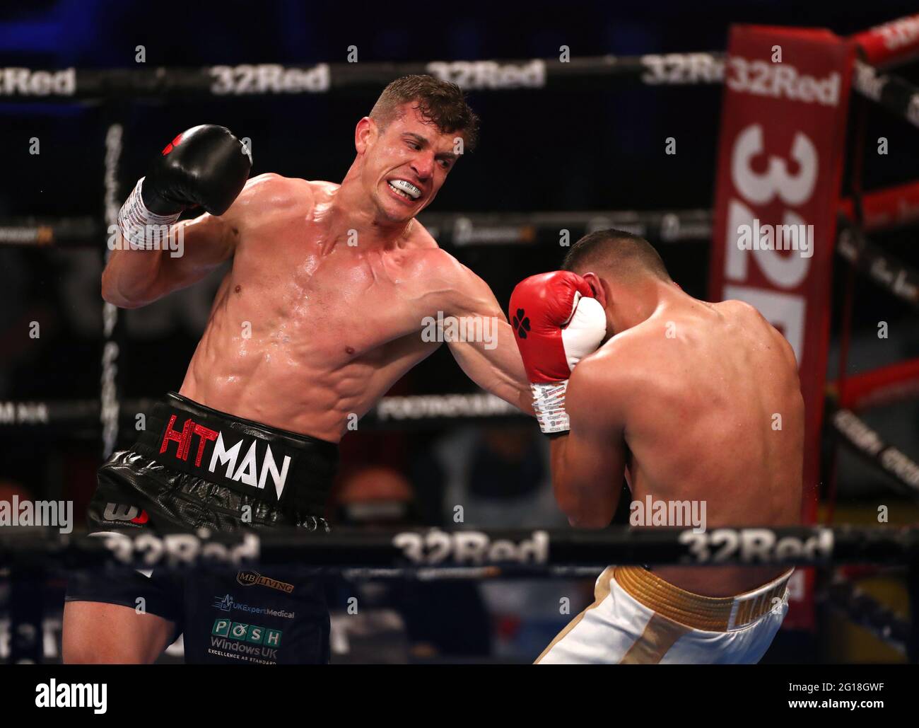 Nathan Heaney and Iliyan Markov in the International Middleweight Contest during the Boxing event at the Telford International Centre, Telford. Picture date: Saturday June 5, 2021. Stock Photo