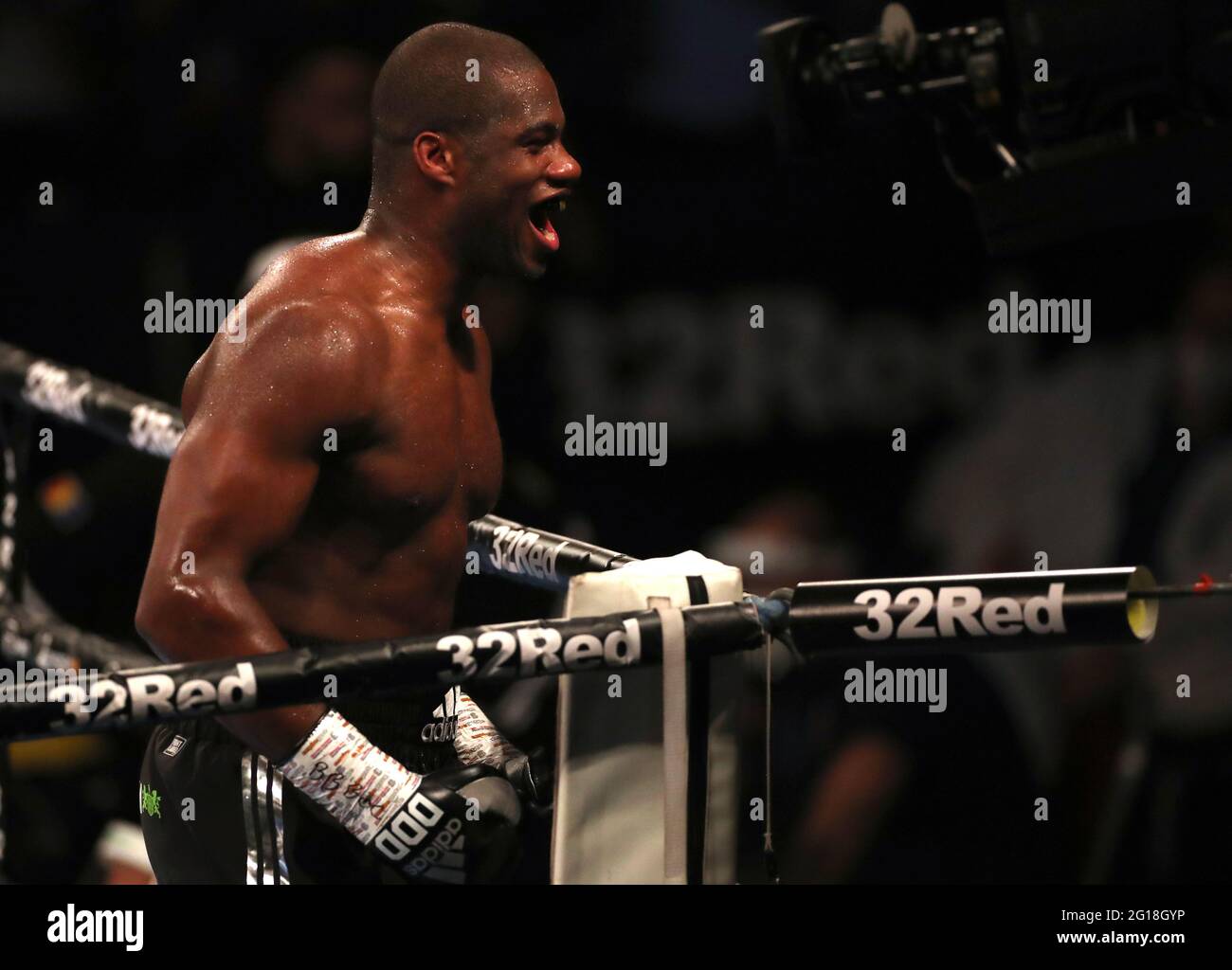 Daniel Dubois celebrates victory in the WBA Interim Heavyweight Championship during the Boxing event at the Telford International Centre, Telford. Picture date: Saturday June 5, 2021. Stock Photo