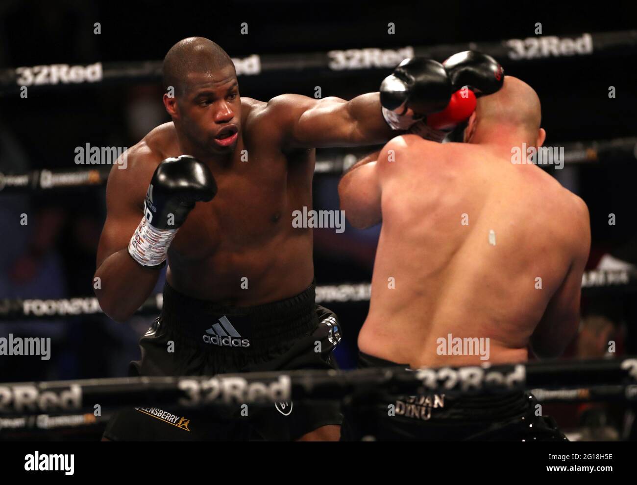 Daniel Dubois (left) and Bogdan Dinu in the WBA Interim Heavyweight Championship during the Boxing event at the Telford International Centre, Telford. Picture date: Saturday June 5, 2021. Stock Photo