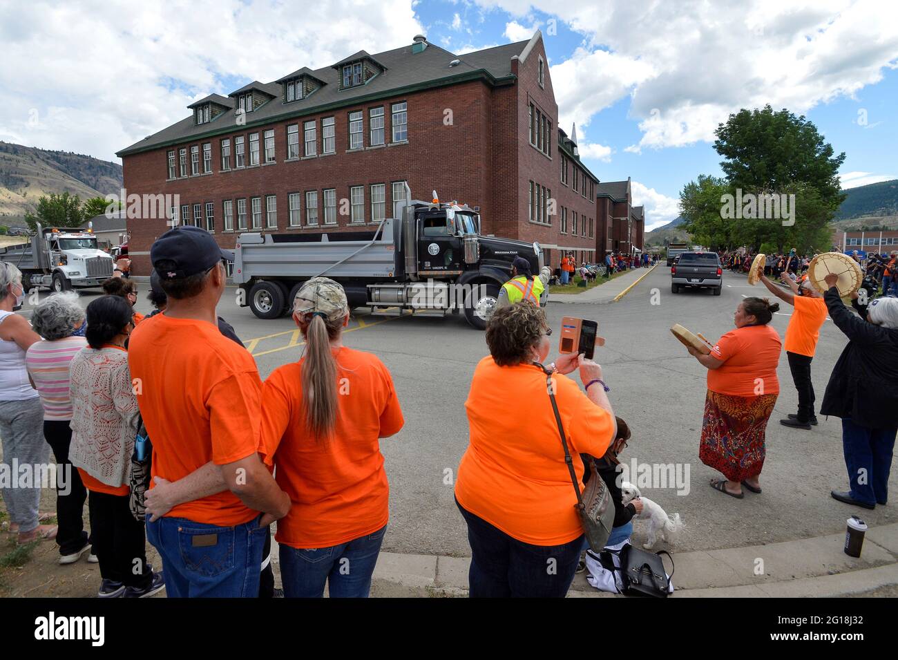 A Convoy Of Trucks Arrive At The Site Of The Former Kamloops Indian Residential School In Support Of The Community After The Remains Of 215 Children Some As Young As Three Years