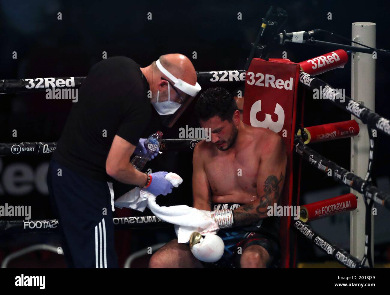 Ernesto Olvera reacts after losing the Middleweight contest with his team during the Boxing event at the Telford International Centre, Telford. Picture date: Saturday June 5, 2021. Stock Photo