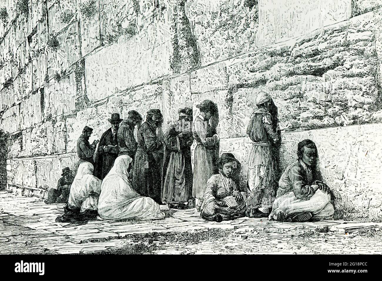 This 1880s illustration shows “Jews wailing lean against wall of Jerusalem.” The Wailing Wall or Western Wall, known in Islam as the Buraq Wall, is an ancient limestone wall in the Old City of Jerusalem. It is a relatively small segment of a far longer ancient retaining wall, known also in its entirety as the 'Western Wall'. The wall was originally erected as part of the expansion of the Second Jewish Temple begun by Herod the Great, which resulted in the encasement of the natural, steep hill known to Jews and Christians as the Temple Mount, in a huge rectangular structure topped by a flat pla Stock Photo