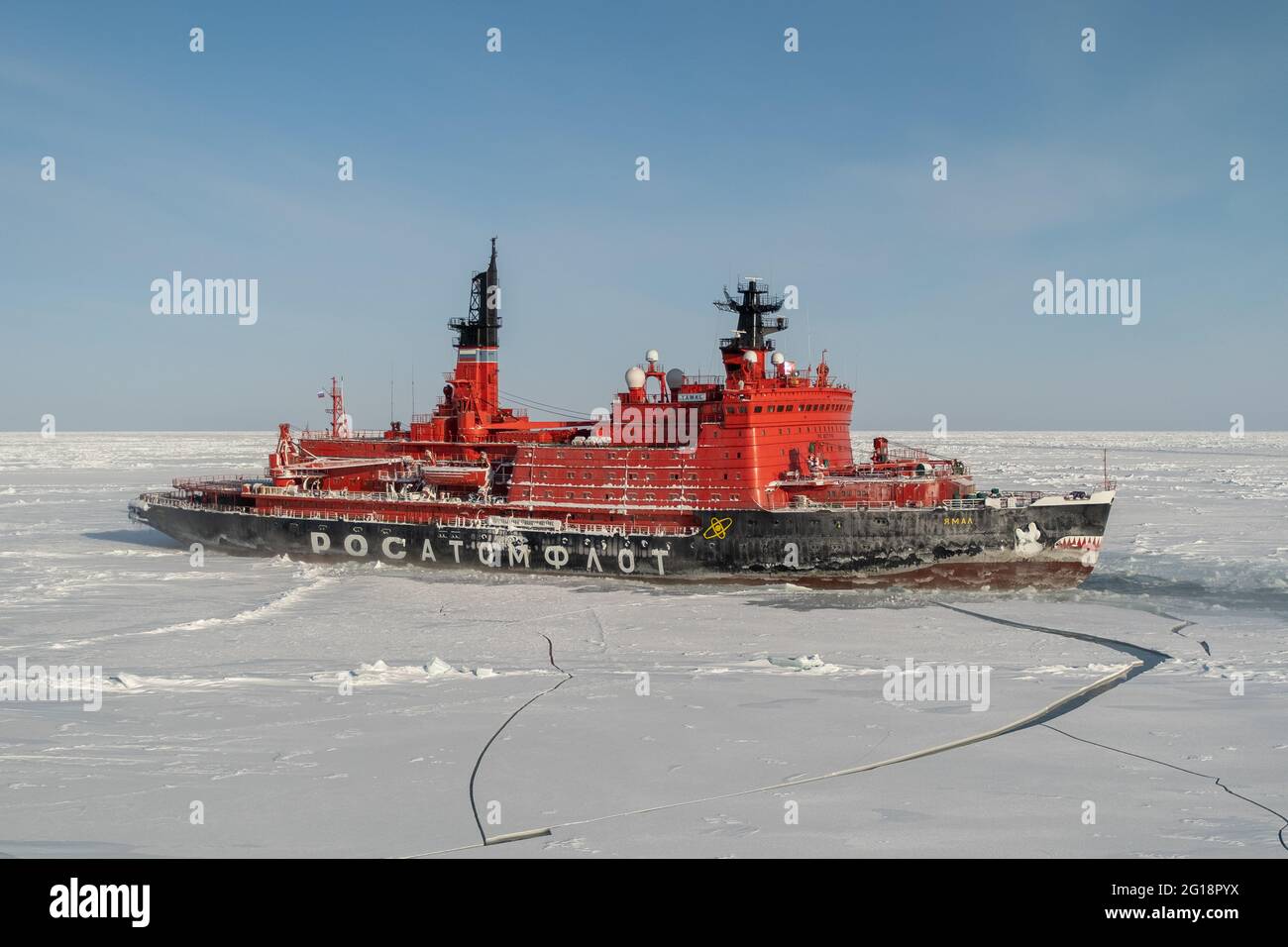 Sabetta, Tyumen region, Russia - March 22, 2021: The Ymal icebreaker moves into ices. Stock Photo
