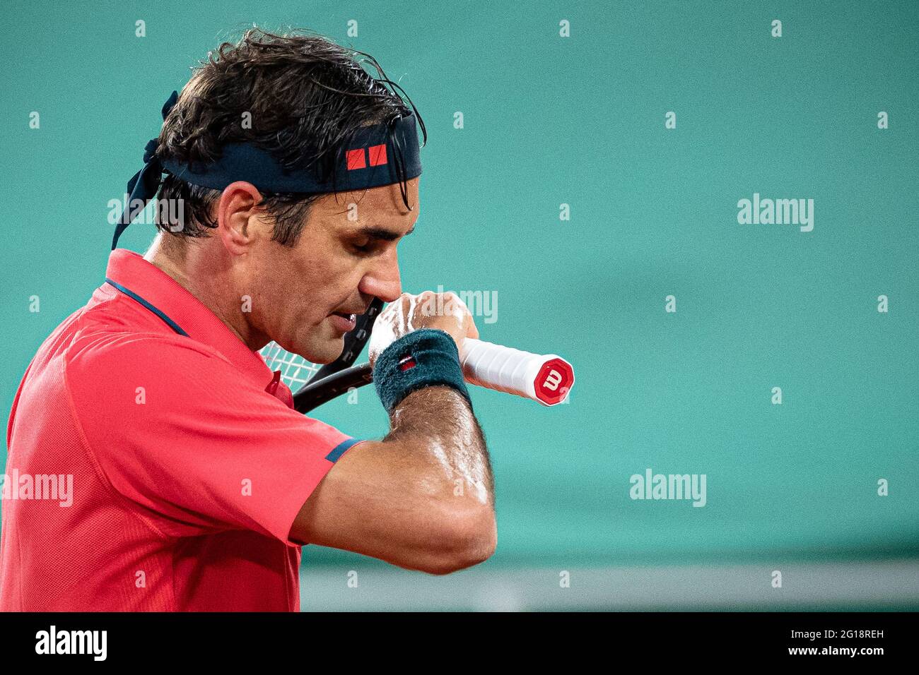 Paris, France. 5th June, 2021. Roger Federer of Switzerland reacts during  the men's singles third round match between Roger Federer of Switzerland  and Dominik Koepfer of Germany at the French Open tennis