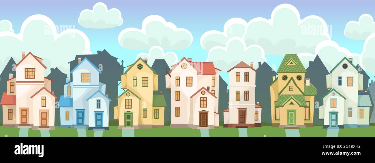 Street. Cartoon houses with clouds. Village or town. A beautiful, cozy country house in a traditional European style. Nice funny home. Rural building Stock Vector
