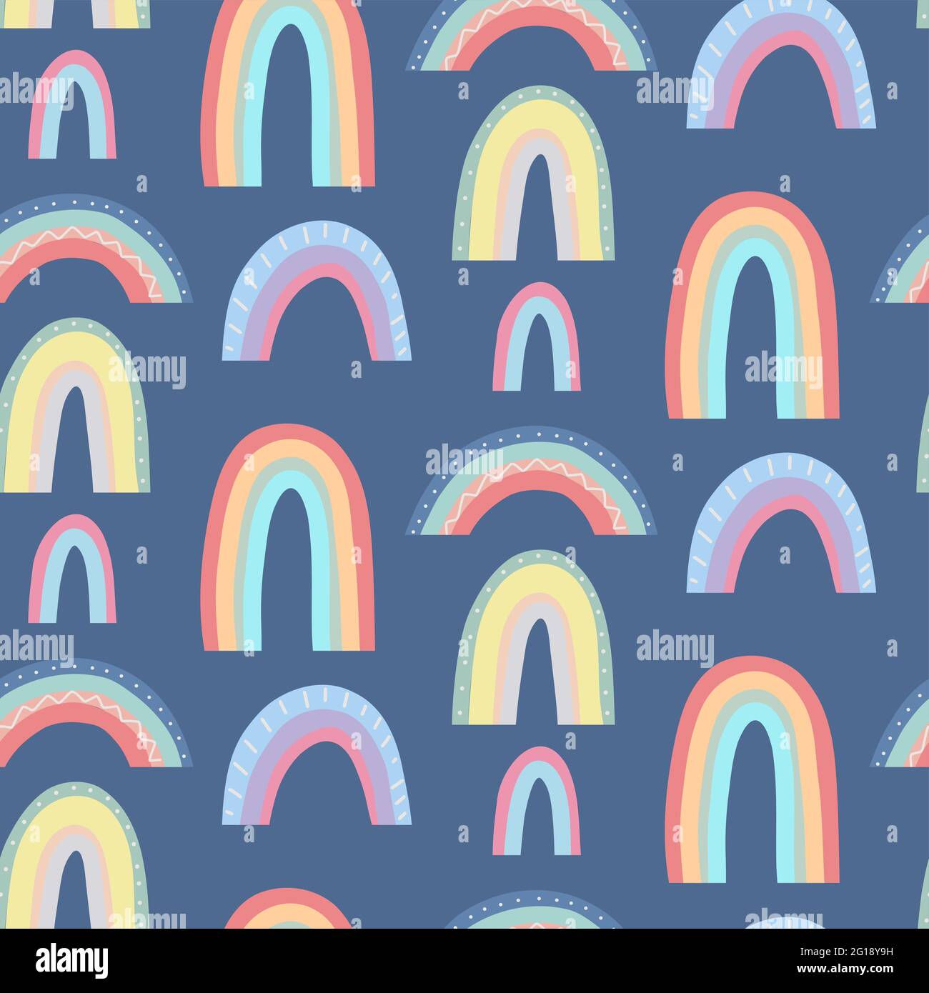 Cute childish pattern with different rainbows on dark blue background ...