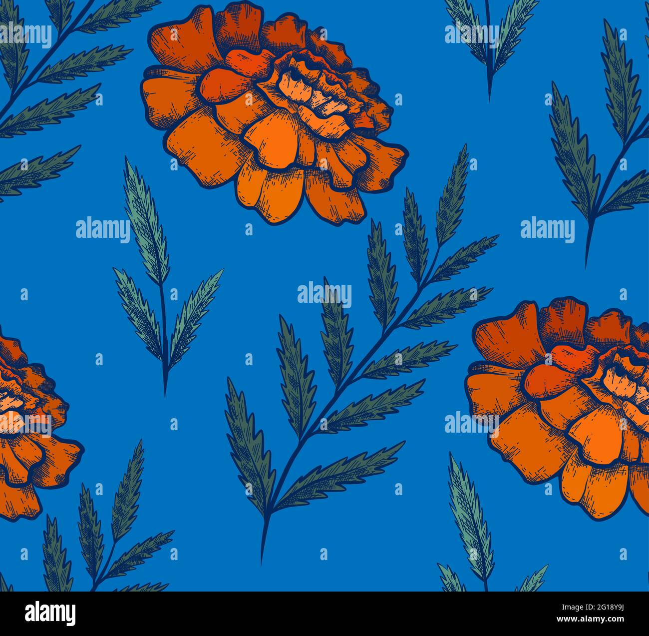 Seamless pattern with colorful botanical sketch of marigold flowers and branch with leaves on blue background. Vector textile with floral drawing. Fab Stock Vector