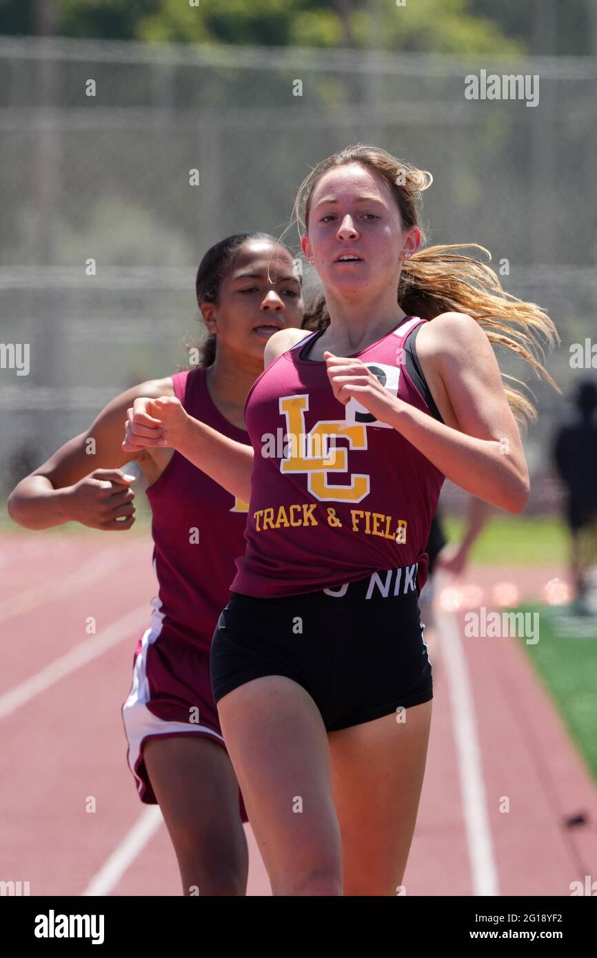 Ellaney Matarese of La Canada wins girls 800m heat in 2:13.63 during the CIF Southern Section Division 3 track and field preliminaries, Saturday, June Stock Photo