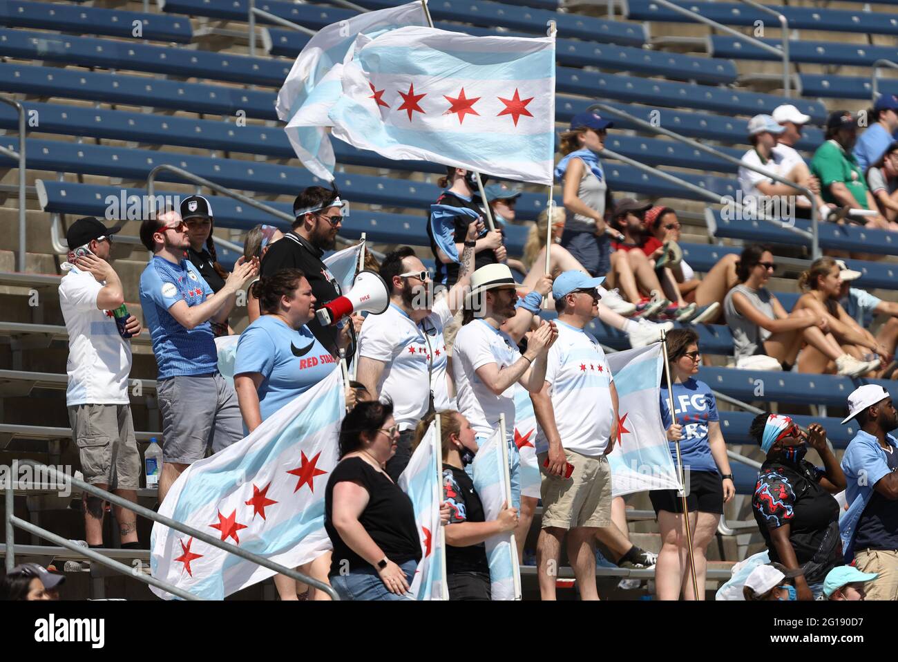 Chicago Red Stars fans during a NWSL match against the North Carolina Courage at SeatGeek Stadium, Saturday, June 5, 2021, in Bridgeview, Illinois. Ch Stock Photo