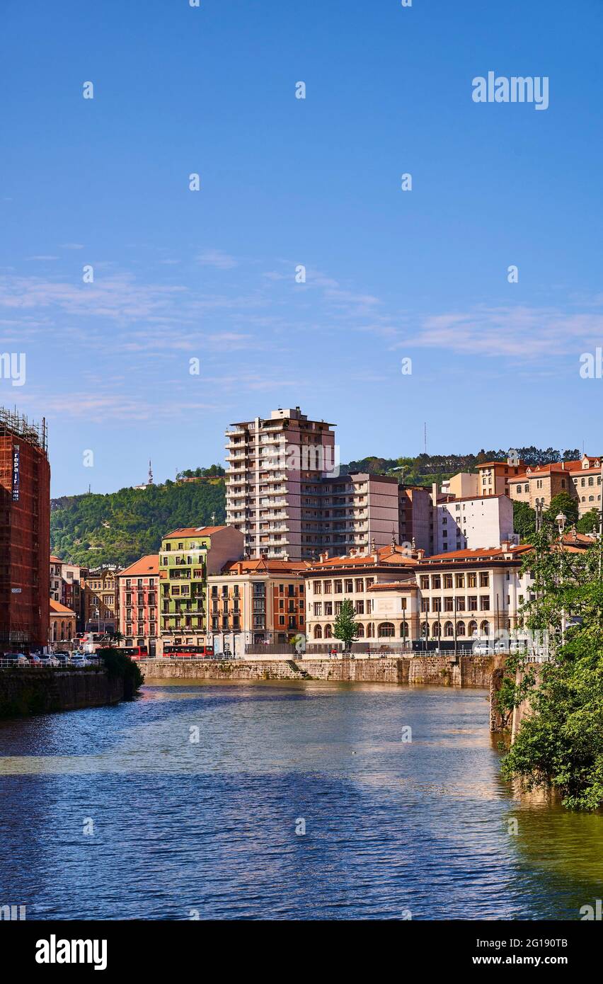 Nervion river and Achuri (Atxuri) neighborhood, bilbao, bizkaia, basque country, euskadi, euskal herria, spain, europe Stock Photo
